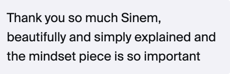 Message from a masterclass attendee: Thank you so much Sinem, beautifully and simply explained and the mindset piece is so important